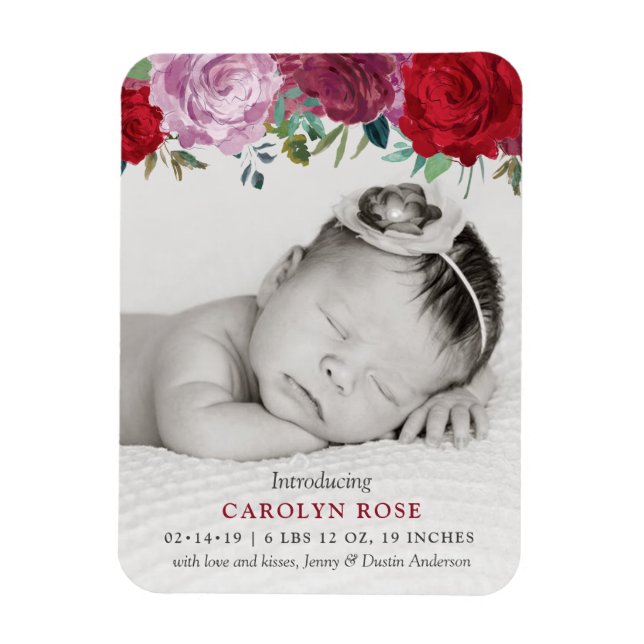 Romantic Floral Blooms Photo Birth Announcement Magnet (Vertical)