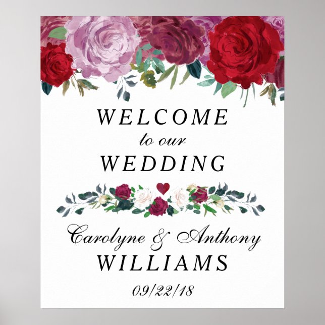Romantic Floral Blooms Wedding Welcome Sign (Front)