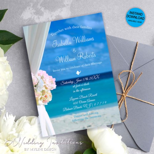 Romantic Floral Blue Ocean Beach Wedding Invitation