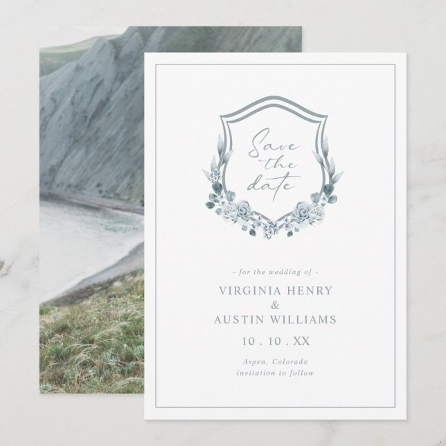 Romantic Floral Blue Photo Save The Date (Front/Back)