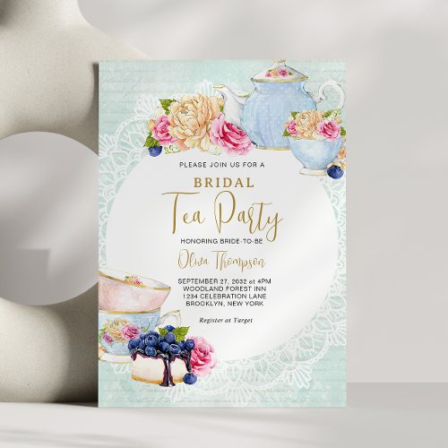 Romantic Floral Blueberry Teapot Bridal Tea Party Invitation