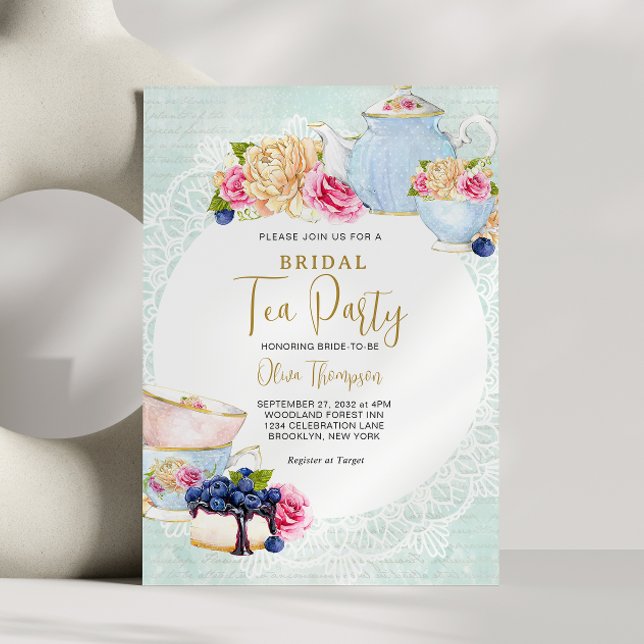 Romantic Floral Blueberry Teapot Bridal Tea Party Invitation (Creator Uploaded)