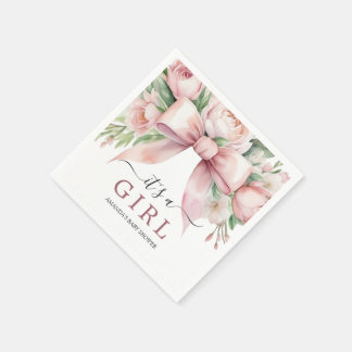 Romantic Floral Blush Pink Bow Baby Shower Napkins