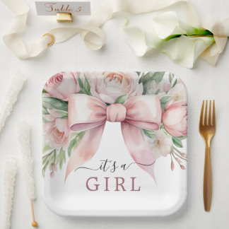 Romantic Floral Blush Pink Bow Baby Shower Paper Plates