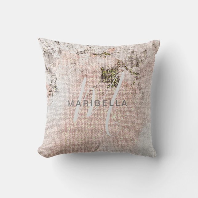 Romantic Floral Blush-Pink Monogram Calligraphy Throw Pillow (Front)