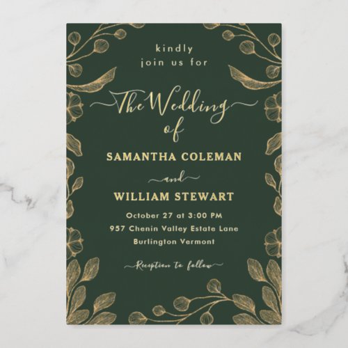 Romantic Floral Botanical Dark Green Wedding Foil Invitation