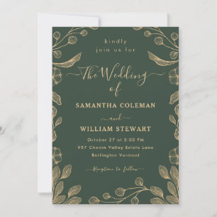 Romantic Floral Botanical Dark Green Wedding Invitation