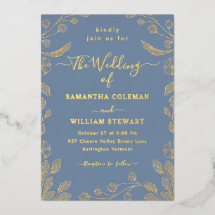 Romantic Floral Botanical Periwinkle Wedding Foil Invitation