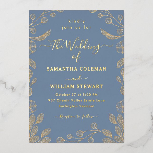Romantic Floral Botanical Periwinkle Wedding Foil Invitation (Front)