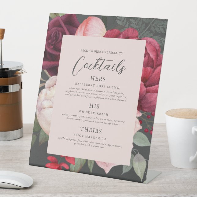 Romantic Floral Bouquet Bar Menu Pedestal Sign (In SItu)