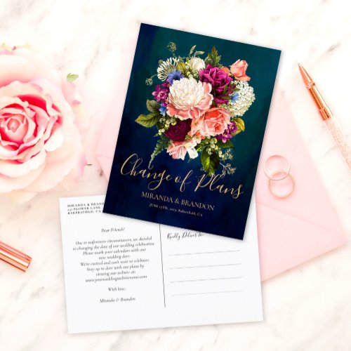 Romantic Floral Bouquet Emerald Green Gold Wedding Announcement Postcard