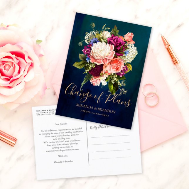 Romantic Floral Bouquet Emerald Green Gold Wedding Announcement Postcard (Creator Uploaded)
