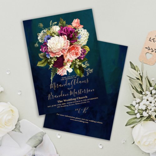 Romantic Floral Bouquet Emerald Green Gold Wedding Invitation