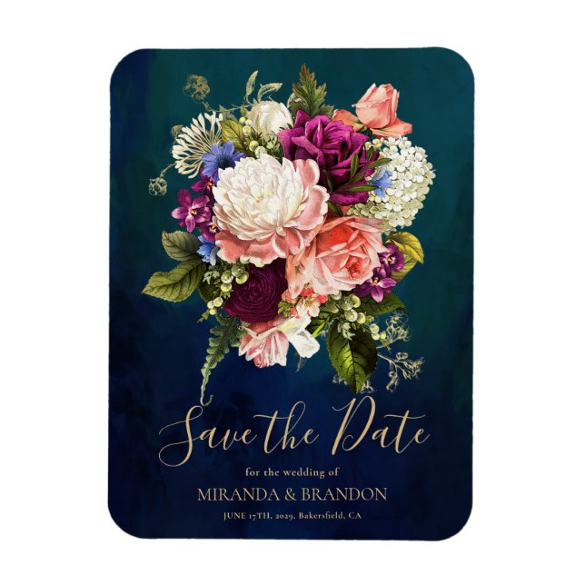 Romantic Floral Bouquet Emerald Green Gold Wedding Magnet (Vertical)