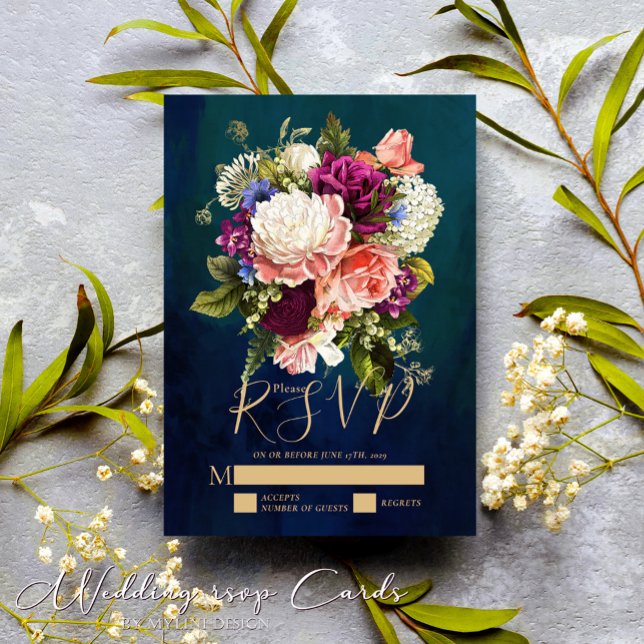 Romantic Floral Bouquet Emerald Green Gold Wedding RSVP Card (Creator Uploaded)