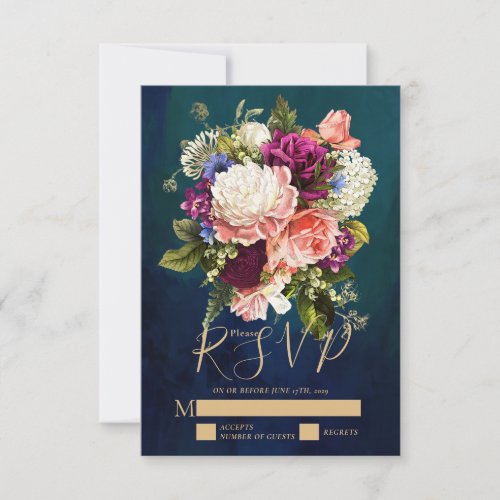 Romantic Floral Bouquet Emerald Green Gold Wedding RSVP Card