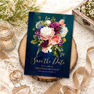 Romantic Floral Bouquet Emerald Green Gold Wedding Save The Date