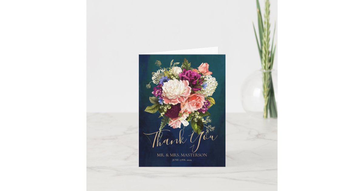 Romantic Floral Bouquet Emerald Green Gold Wedding Thank You Card | Zazzle