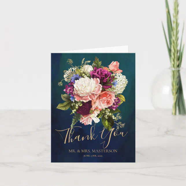 Romantic Floral Bouquet Emerald Green Gold Wedding Thank You Card | Zazzle