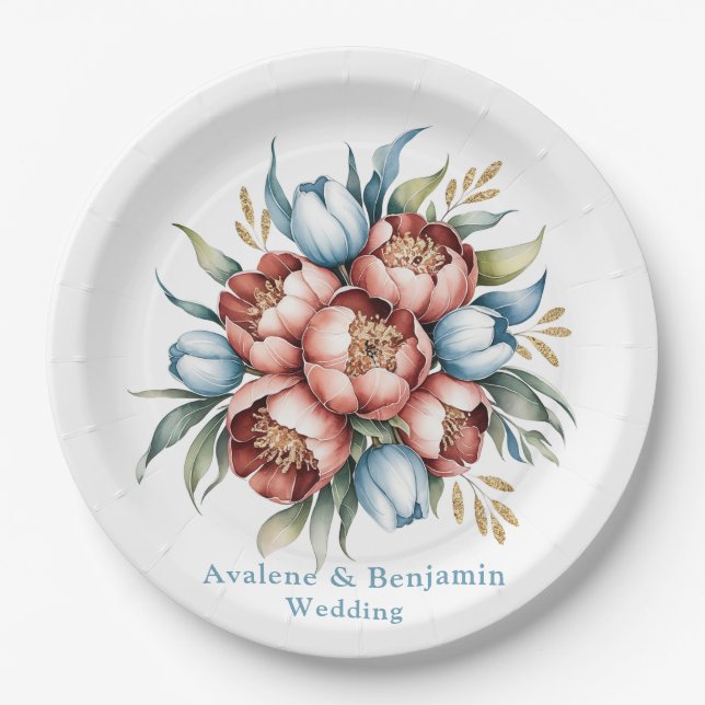 Romantic Floral Bouquet: Peonies & Tulips Wedding Paper Plates (Front)