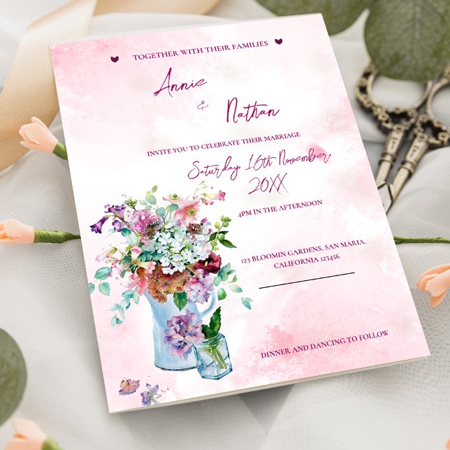 Romantic Floral Bouquet Pink Wedding Invitation Postcard (Romantic Floral Bouquet Pink Wedding Invitation Postcard)