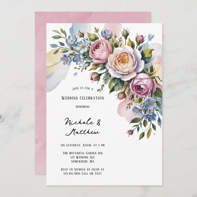 Romantic Floral Bouquet Wedding Celebration  Invitation (Front/Back)
