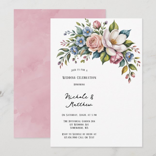 Romantic Floral Bouquet Wedding Celebration  Invitation (Front/Back)