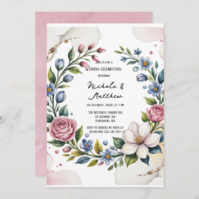 Romantic Floral Bouquet Wedding Celebration  Invitation (Front/Back)