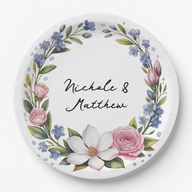 Romantic Floral Bouquet Wedding Paper Plates (Front)