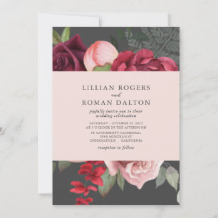 Romantic Floral Bridal Bouquet Pink & Gray Wedding Invitation