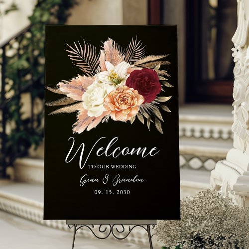 Romantic Floral Burgundy Black Wedding Welcome Poster