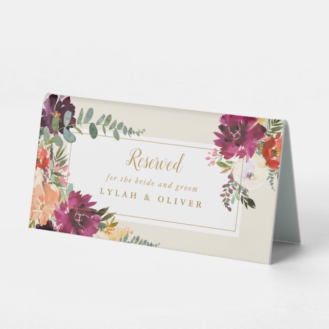 Romantic Floral Burgundy + Peach Bride & Groom Table Tent (Front)