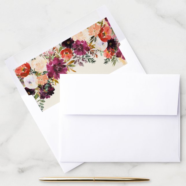 Romantic Floral Burgundy + Peach Wedding Envelope Liner (Desk)