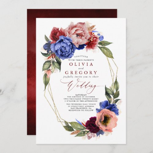 Romantic Floral Burgundy Red and Navy Blue Wedding Invitation