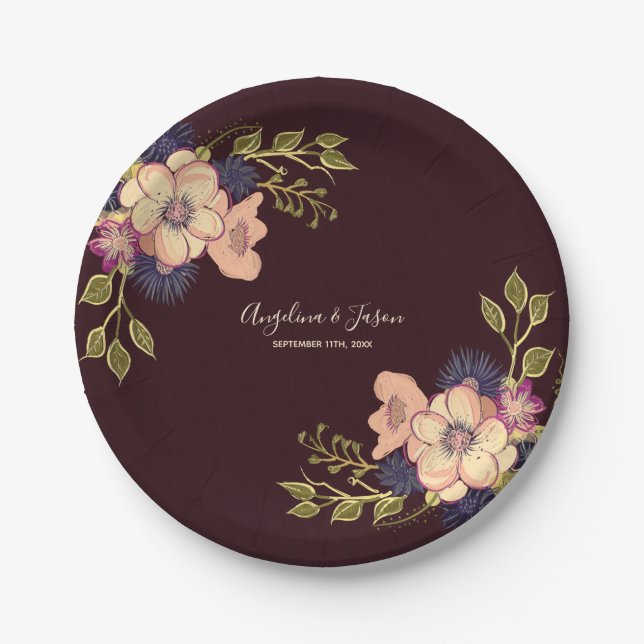 Romantic Floral Burgundy Wedding Paper Plates (Front)