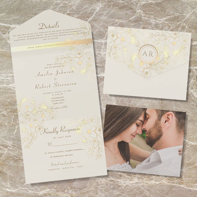 Romantic Floral Champagne Gold Wedding All In One Invitation (Creator Uploaded)