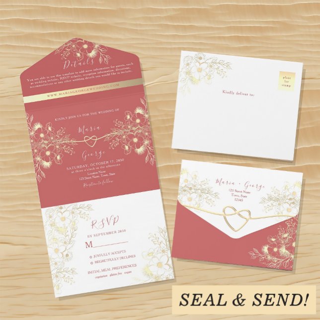 Romantic Floral Coral Wedding All In One Invitation (Creator Uploaded)