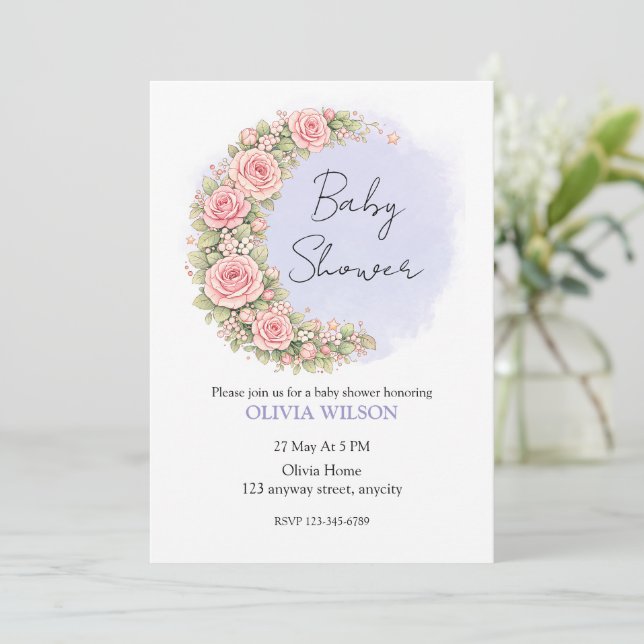 Romantic Floral Crescent Moon with Blush Roses Invitation (Standing Front)