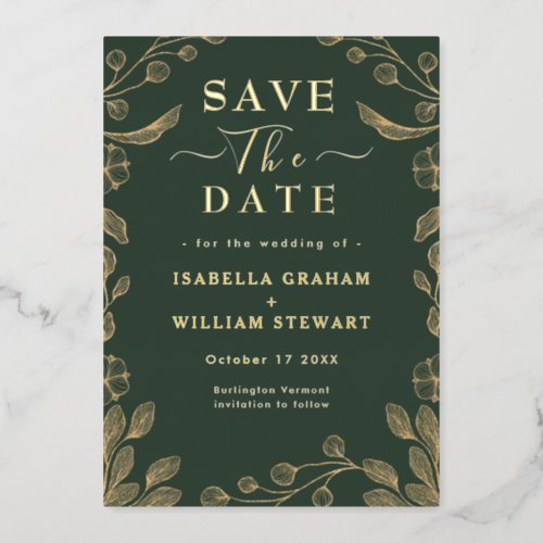 Romantic Floral Dark Green Wedding Save The Date Foil Invitation