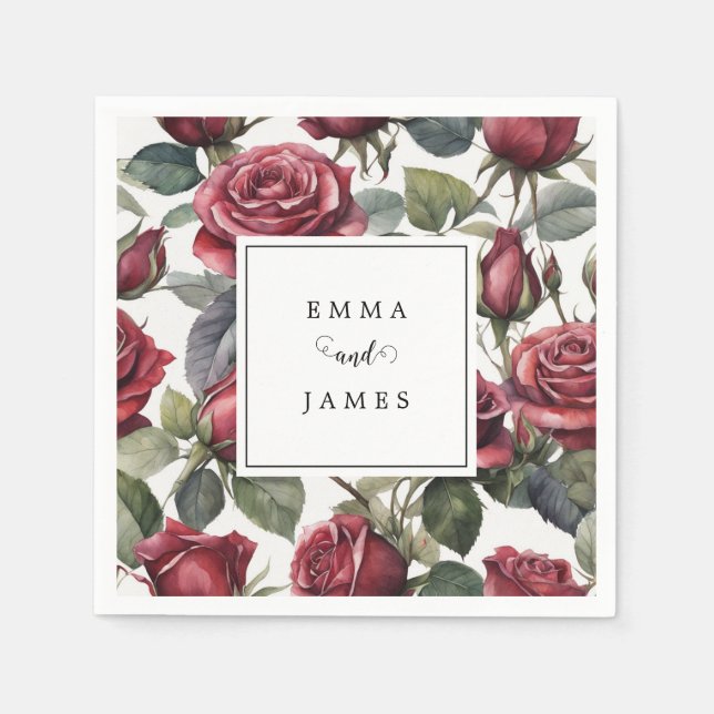 Romantic Floral Dark Roses Wedding Napkins (Front)