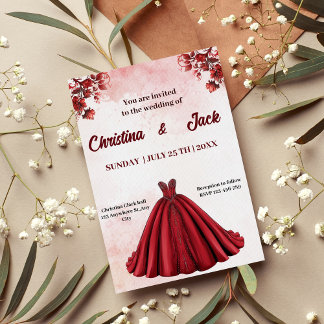 Romantic Floral Design Burgundy Ballgown Wedding Invitation
