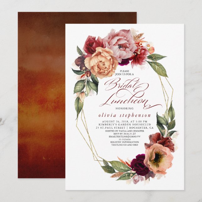 Romantic Floral Earthy Tones Fall Bridal Luncheon  Invitation (Front/Back)
