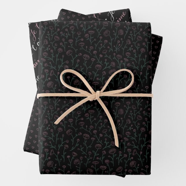 romantic floral elegant black and pastel pink, EN Wrapping Paper Sheets (In situ)