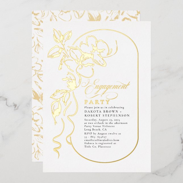 Romantic Floral Elegant Engagement Party Gold Foil Invitation (Front/Back)