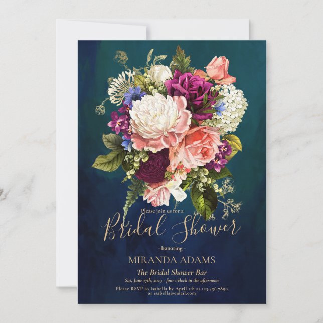 Romantic Floral Emerald Green Gold Bridal Shower Invitation (Front)