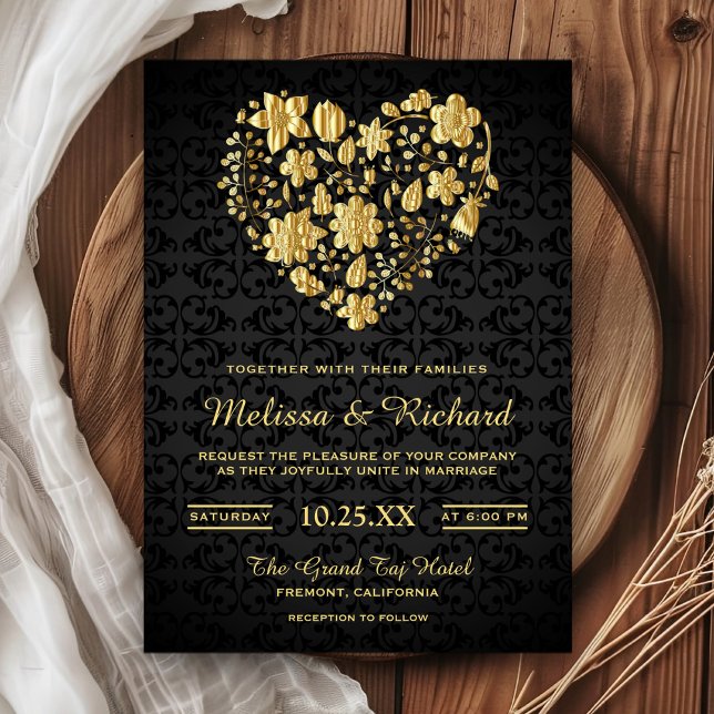 Romantic Floral Faux Gold Heart Wedding Invitation (Creator Uploaded)