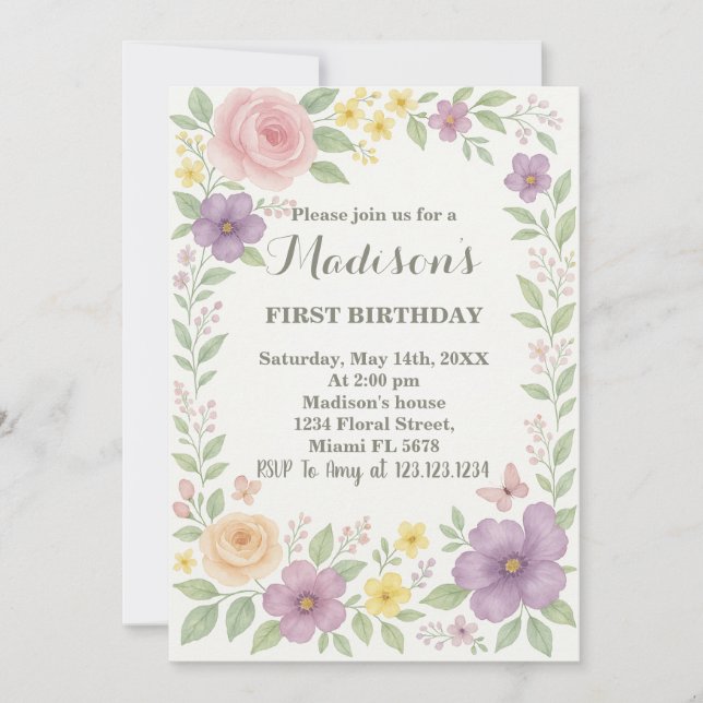 Romantic Floral First Birthday Invitation (Front)