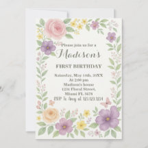 Romantic Floral First Birthday Invitation