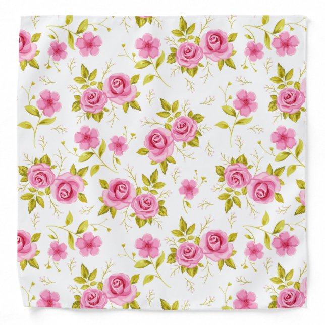 Romantic Floral Flowers Roses Pink White Pattern Bandana (Front)