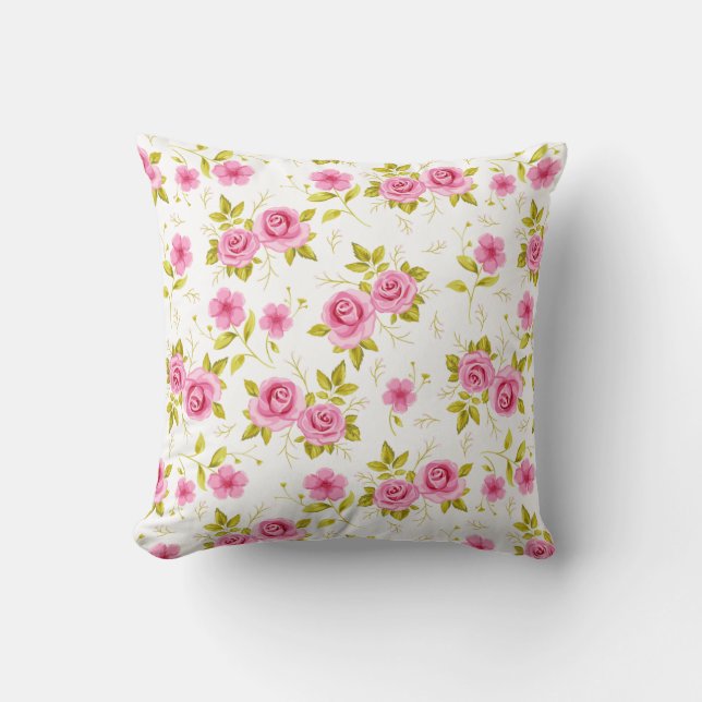 Romantic Floral  Flowers Roses Pink White Pattern Throw Pillow (Front)